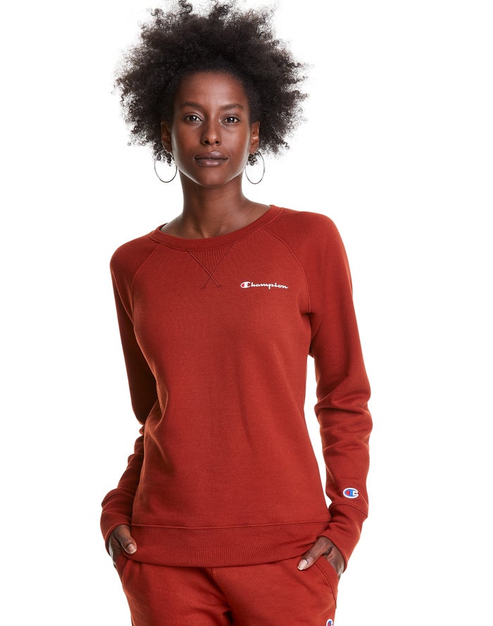 Champion Womens Sweatshirt NZ - Powerblend Fleece Classic Crew Script Logo Brown ( 0826-JZTYK )